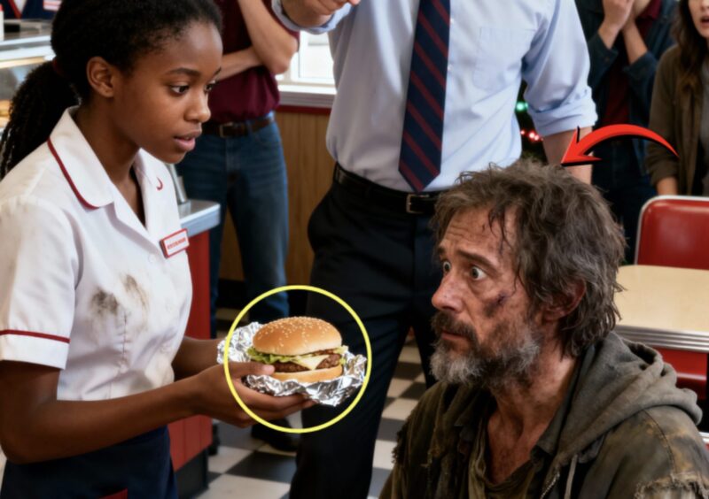 Czarnoskóra kelnerka potajemnie daje darmowego burgera bezdomnemu – kierownik na nią krzyczy, ale potem ujawnia swoją PRAWDZIWĄ tożsamość, co wprawia wszystkich w szok…